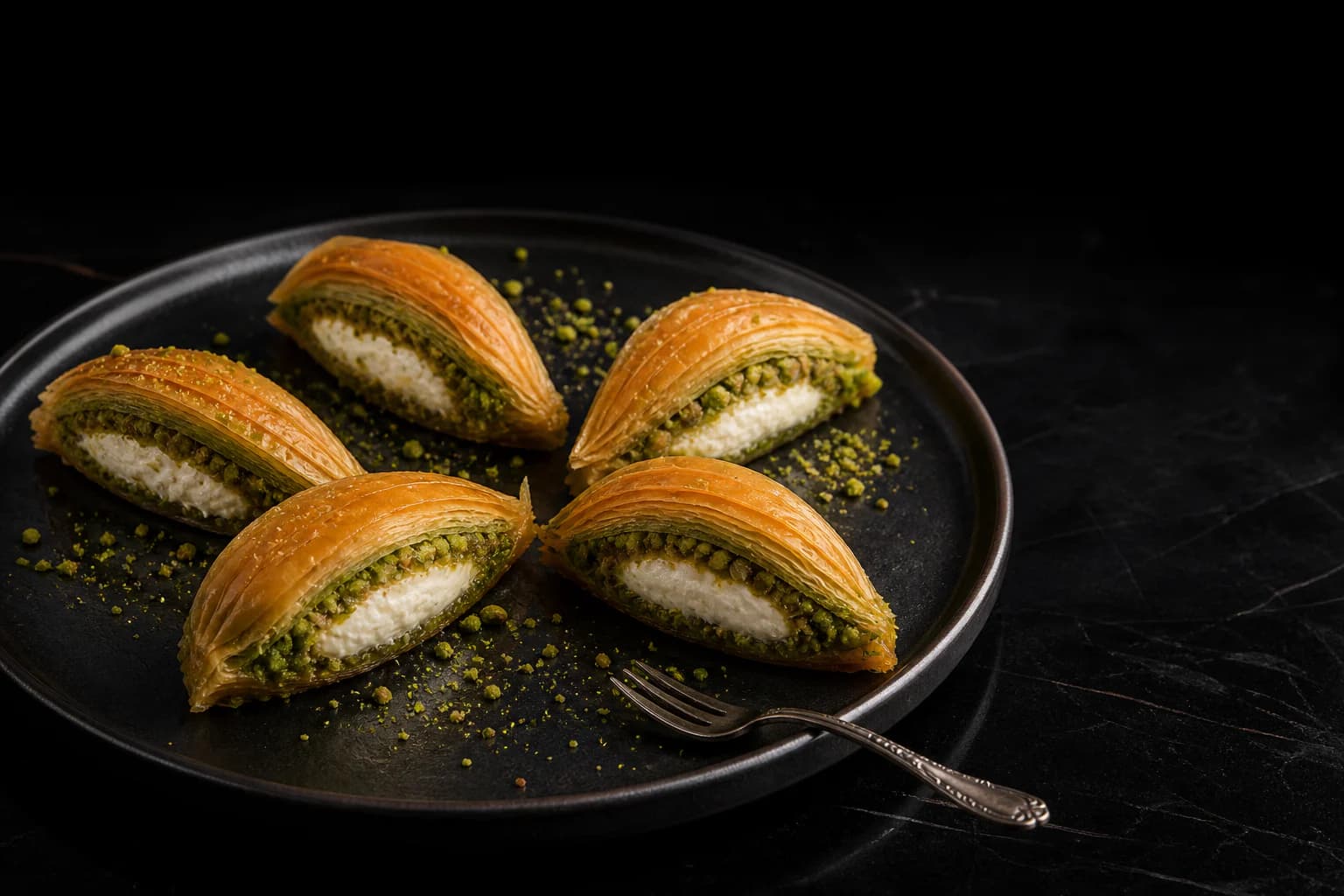 Antep fıstığı ve doğal kaymakla hazırlanan midye baklava